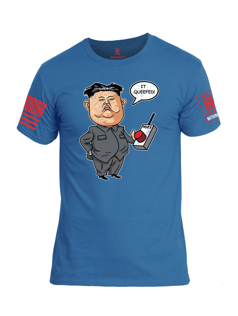 Battleraddle Kim Jong un Nuke Button it Queefed Red Sleeve Print Mens Cotton Crew Neck T Shirt
