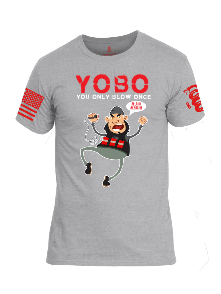 Battleraddle YOBO You Only Blow Once Allahu Akbar Red Sleeve Print Mens Cotton Crew Neck T Shirt