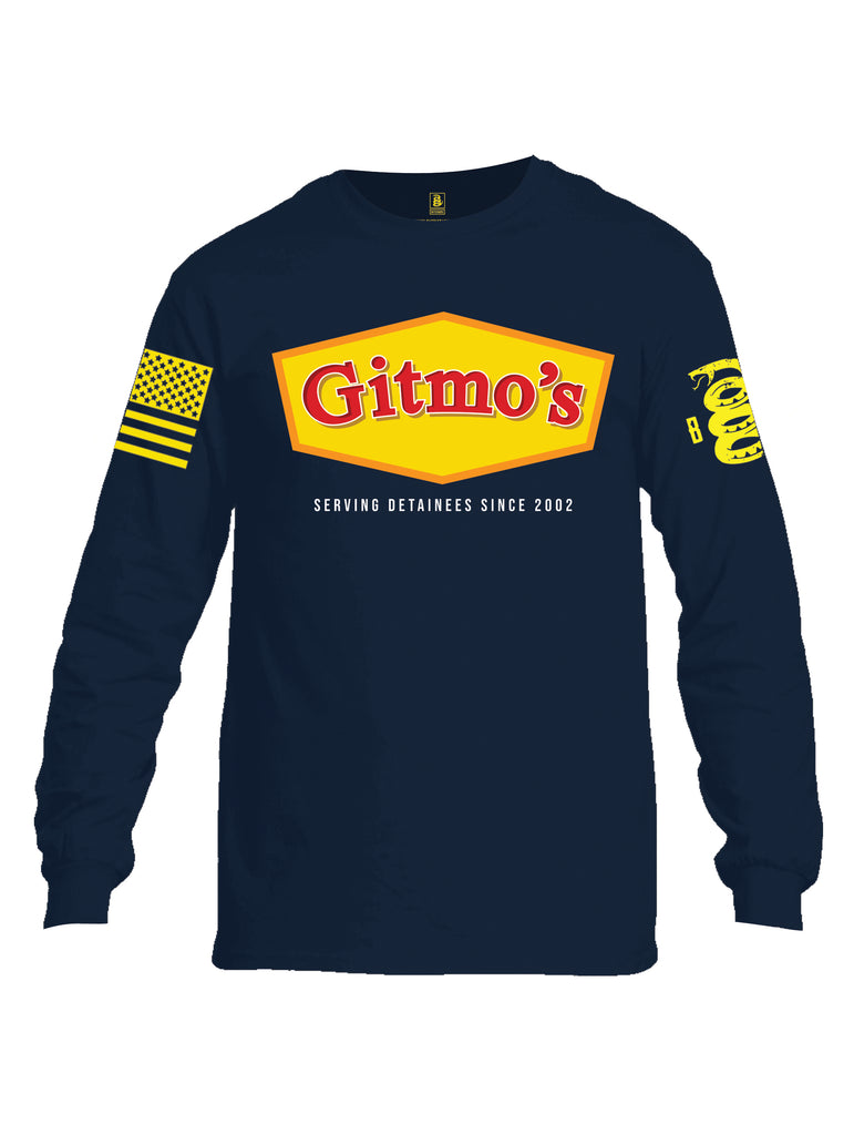 Battleraddle Gitmo's Serving Detainees Since 2002 V2 Yellow Sleeve Print Mens Cotton Long Sleeve Crew Neck T Shirt