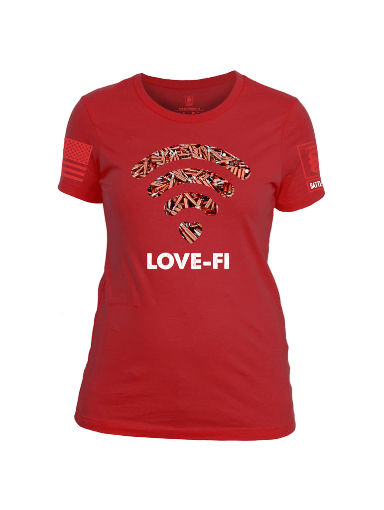 Battleraddle Love Fi Red Sleeve Print Womens Cotton Crew Neck T Shirt