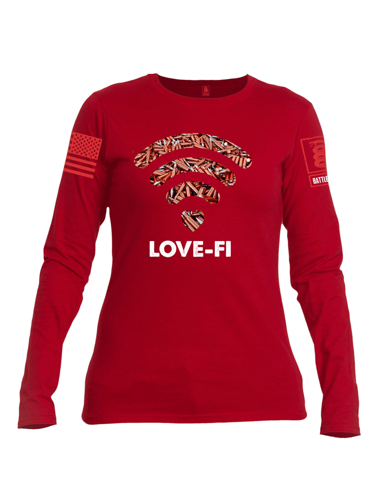 Battleraddle Love Fi Red Sleeve Print Womens Cotton Long Sleeve Crew Neck T Shirt