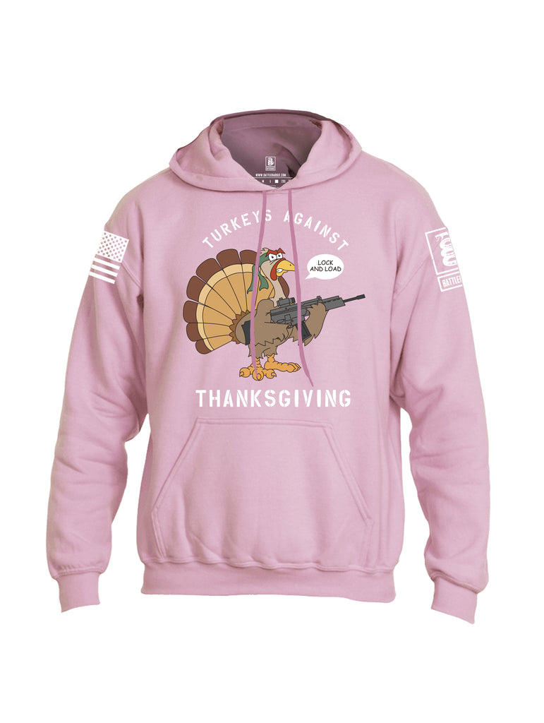 Battleraddle Turkeys Against Thanksgiving Lock And Load White Sleeve Print Mens Blended Hoodie With Pockets