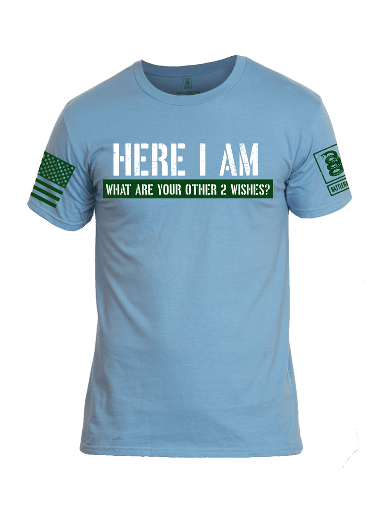 Battleraddle Here I Am What Are Your Other 2 Wishes? Dark Green Sleeve Print Mens Cotton Crew Neck T Shirt