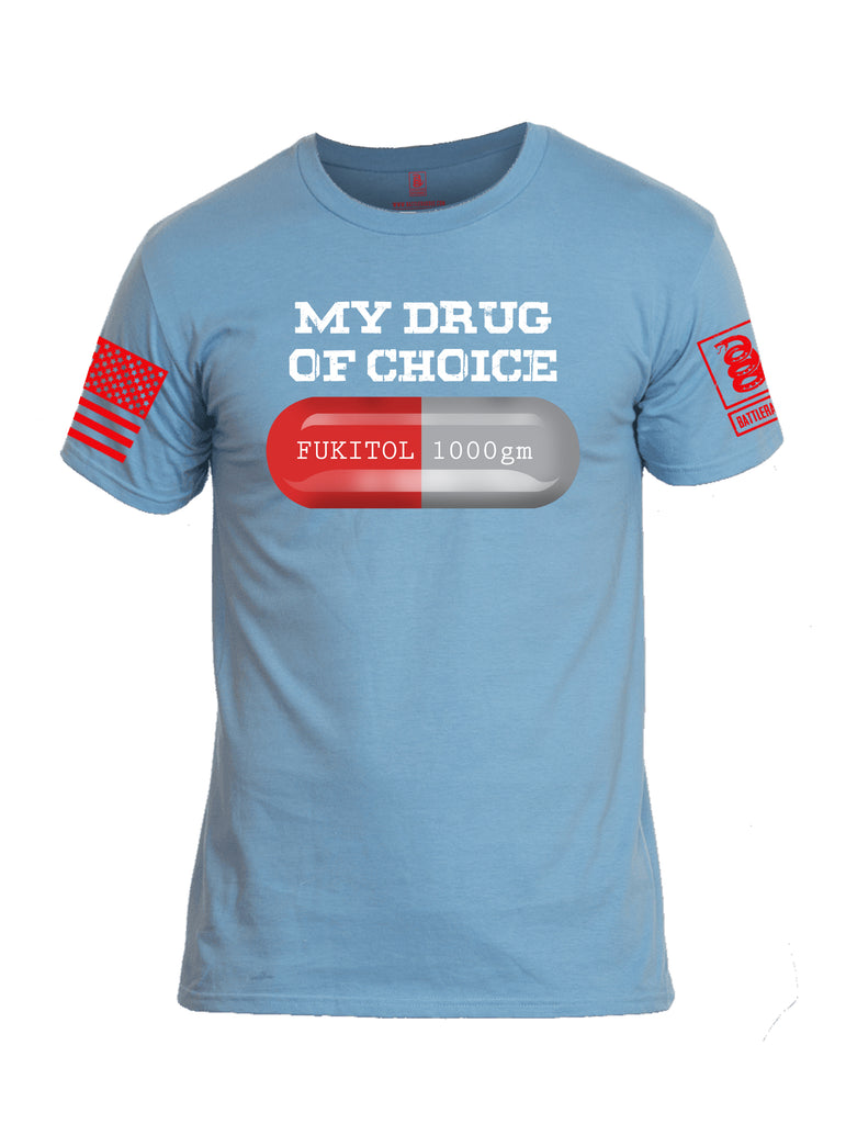Battleraddle My Drug Of Choice Fukitol 1000gm Red Sleeve Print Mens Cotton Crew Neck T Shirt