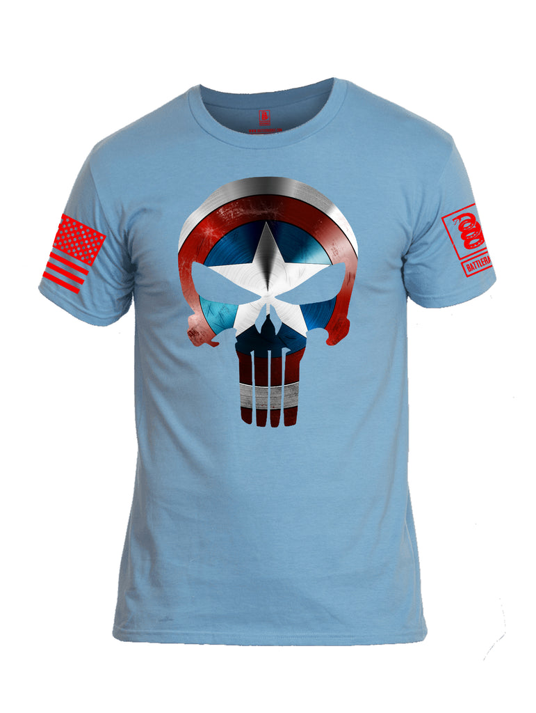 Battleraddle Captain Punisher America Shield Skull V1 Red Sleeve Print Mens Cotton Crew Neck T Shirt - Battleraddle® LLC