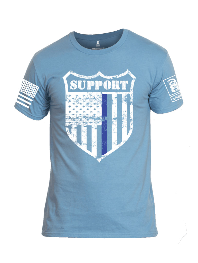 Battleraddle Support Blue Line Shield White Sleeve Print Mens Cotton Crew Neck T Shirt