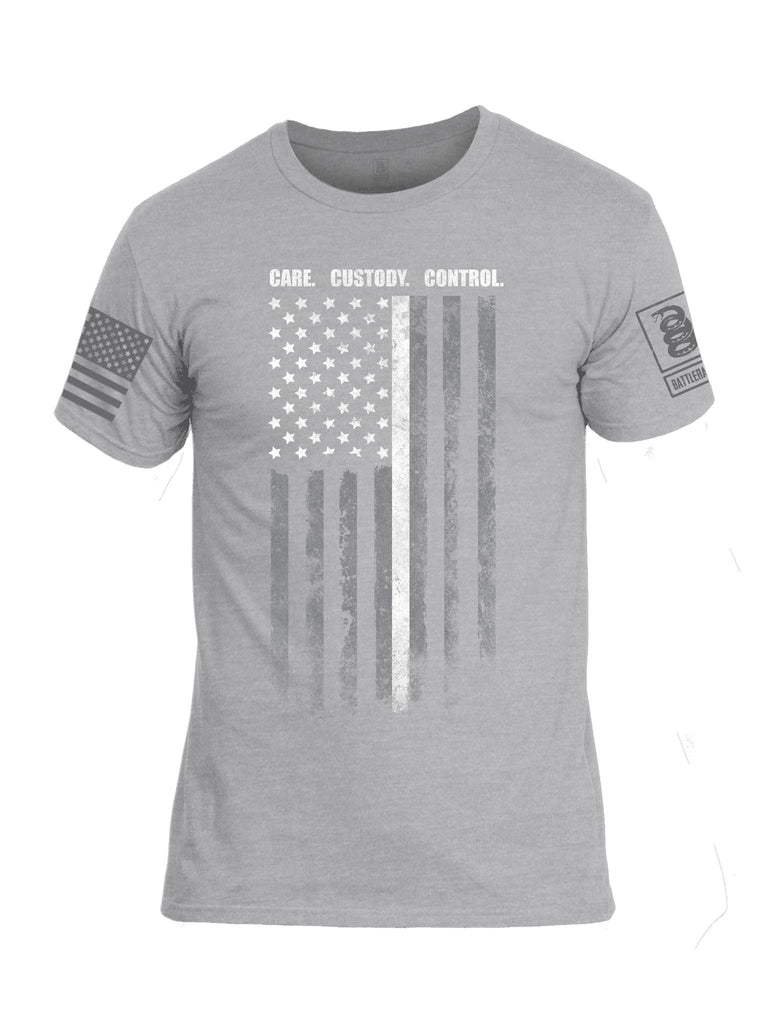 Battleraddle Care Custody Control V1 Grey Sleeve Print Mens Cotton Crew Neck T Shirt - Battleraddle® LLC