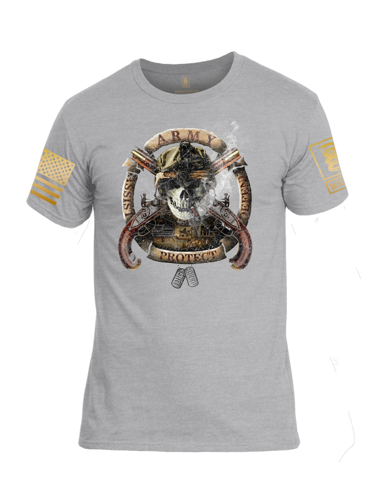 Battleraddle Army Assist Defend Protect Brass Sleeve Print Mens Cotton Crew Neck T Shirt - Battleraddle® LLC