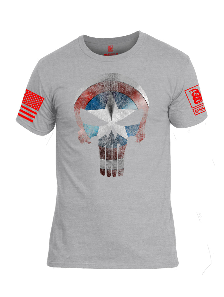 Battleraddle Captain Punisher America Shield Skull V2 Red Sleeve Print Mens Cotton Crew Neck T Shirt - Battleraddle® LLC