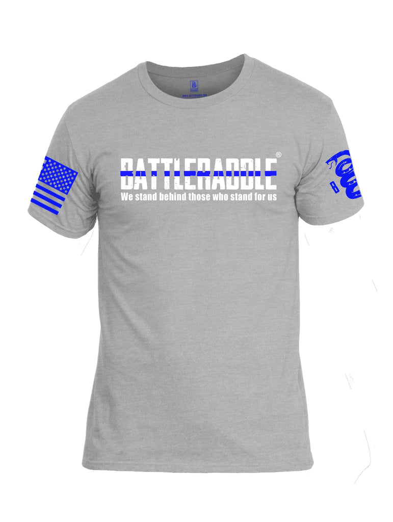 Battleraddle We Stand Behind Those Who Stand For Us Blue Line Blue Sleeve Print Mens Cotton Crew Neck T Shirt
