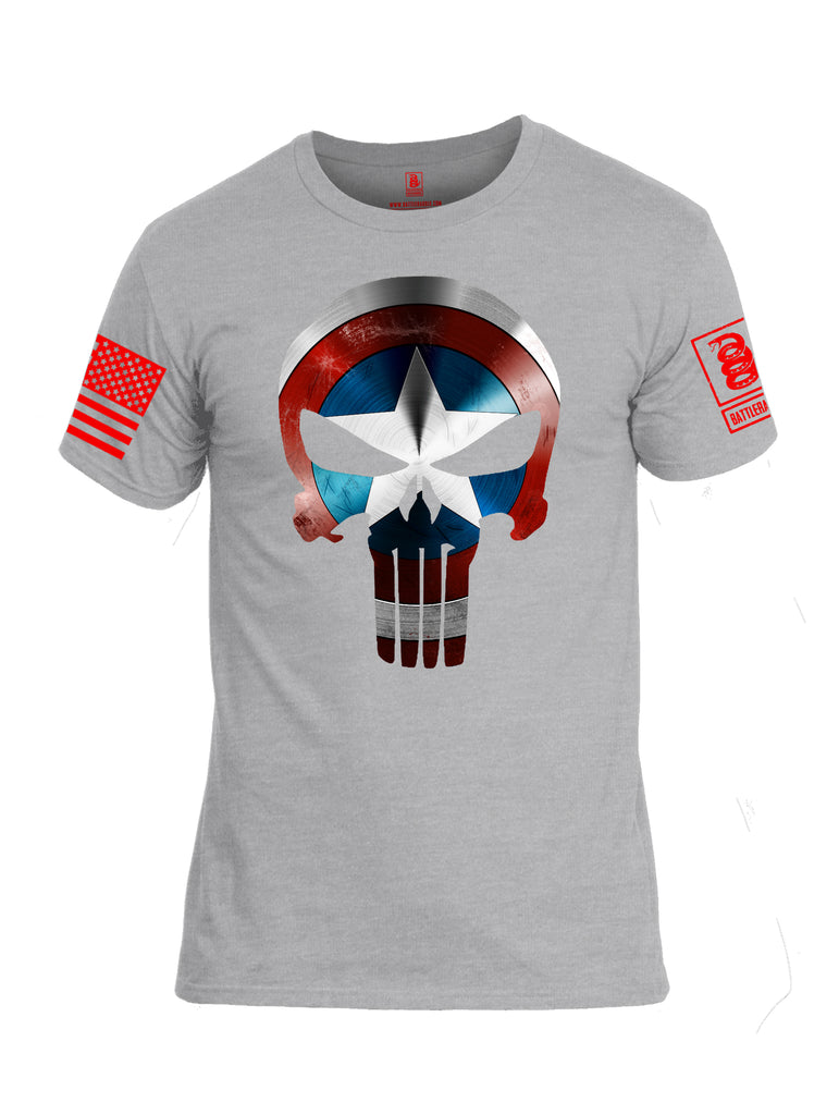 Battleraddle Captain Punisher America Shield Skull V1 Red Sleeve Print Mens Cotton Crew Neck T Shirt - Battleraddle® LLC