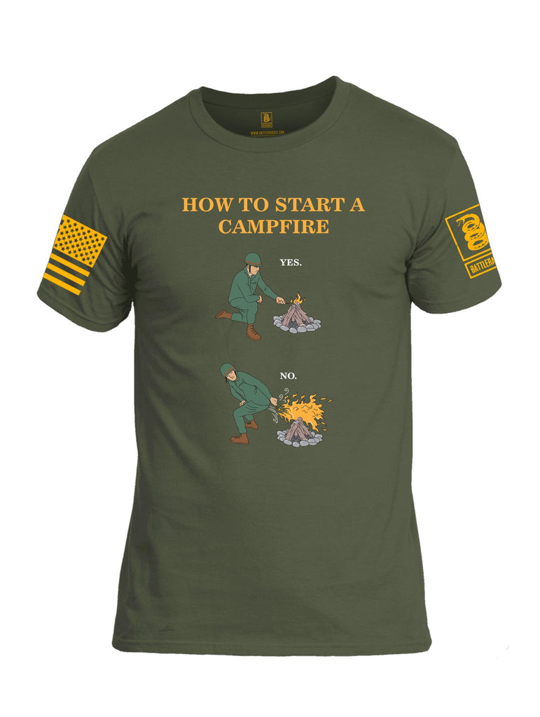 Battleraddle How To Start A Camp Fire Yes No Orange Sleeve Print Mens Cotton Crew Neck T Shirt