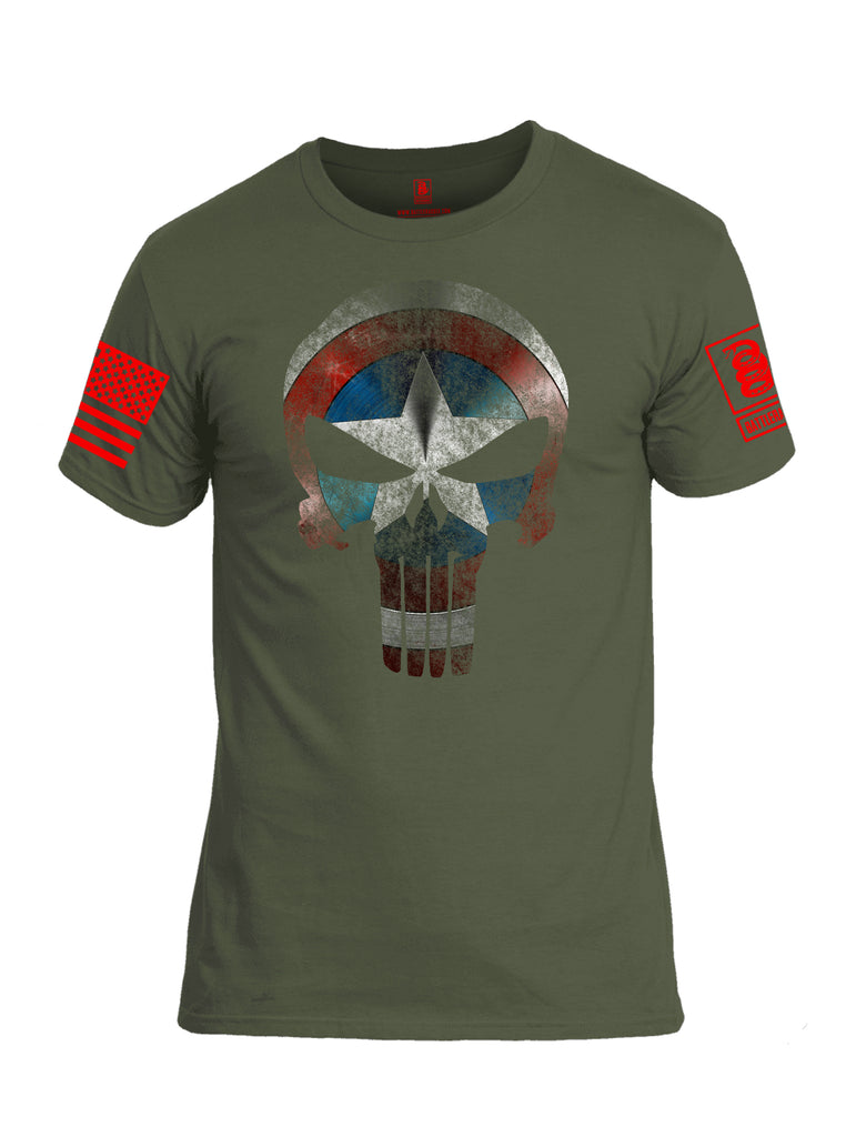 Battleraddle Captain Punisher America Shield Skull V2 Red Sleeve Print Mens Cotton Crew Neck T Shirt - Battleraddle® LLC