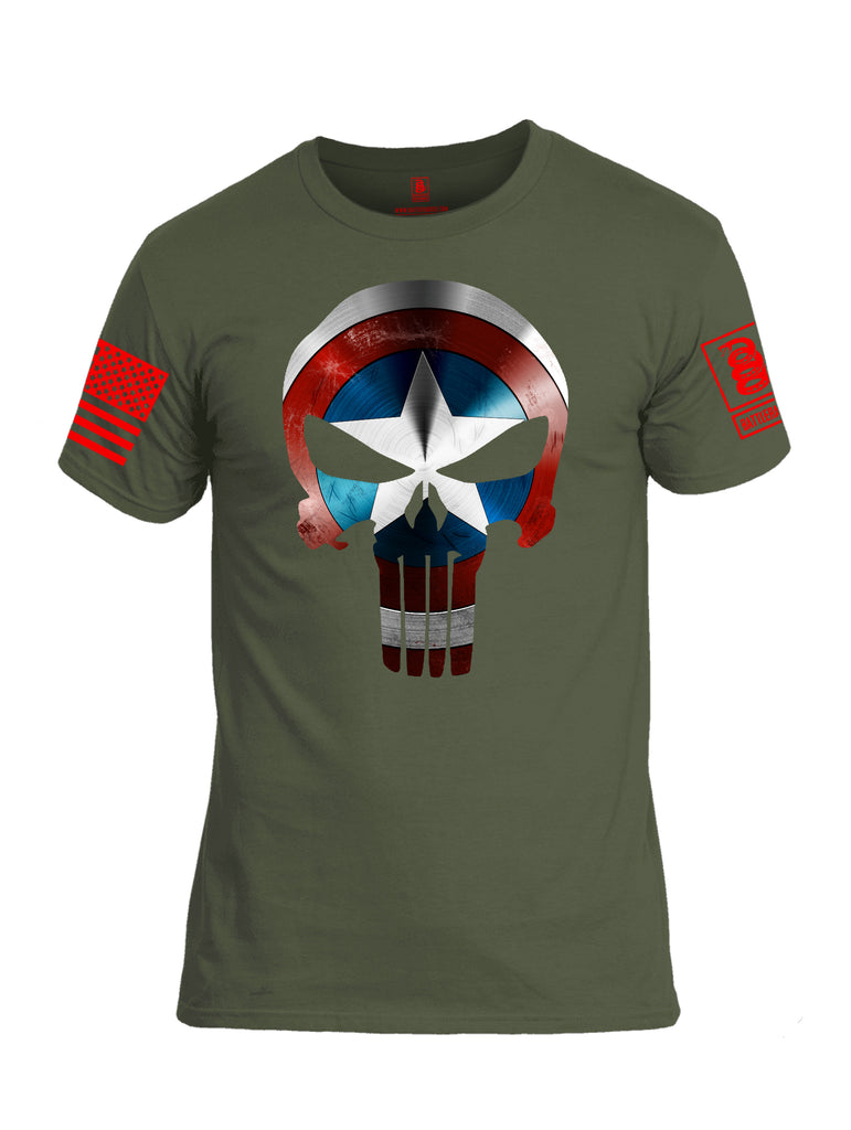 Battleraddle Captain Punisher America Shield Skull V1 Red Sleeve Print Mens Cotton Crew Neck T Shirt - Battleraddle® LLC