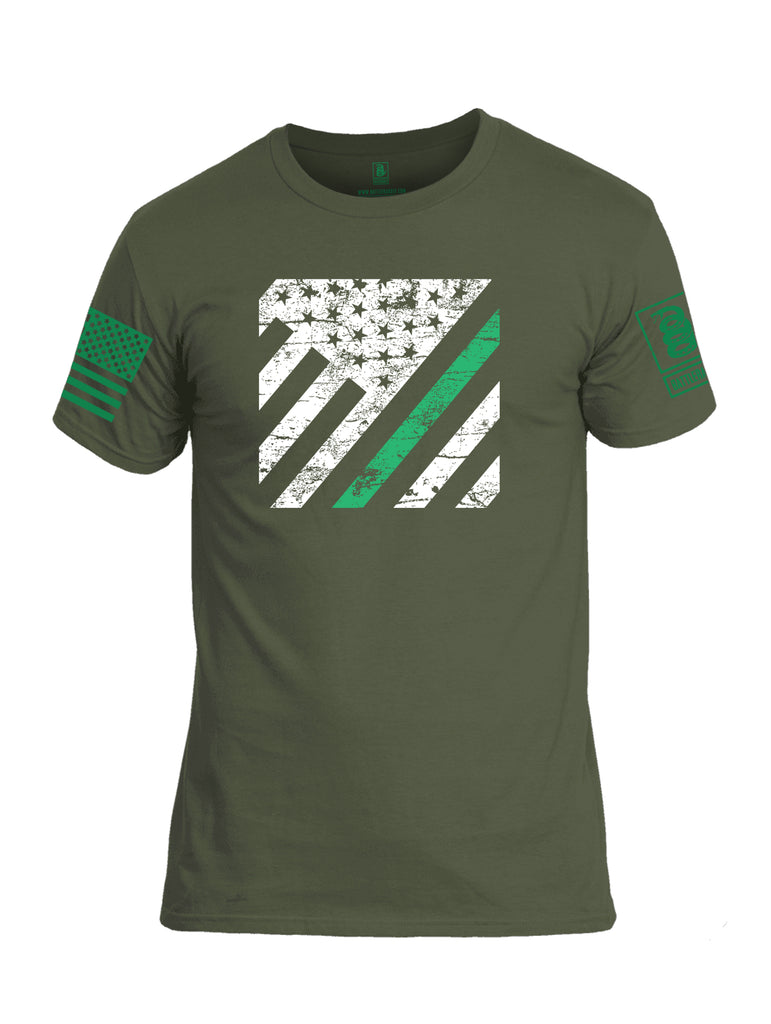 Battleraddle Vertical USA Flag Green Line Green Sleeve Print Mens Cotton Crew Neck T Shirt