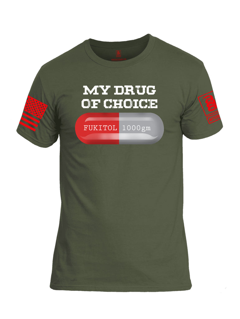 Battleraddle My Drug Of Choice Fukitol 1000gm Red Sleeve Print Mens Cotton Crew Neck T Shirt