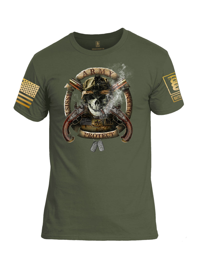 Battleraddle Army Assist Defend Protect Brass Sleeve Print Mens Cotton Crew Neck T Shirt - Battleraddle® LLC