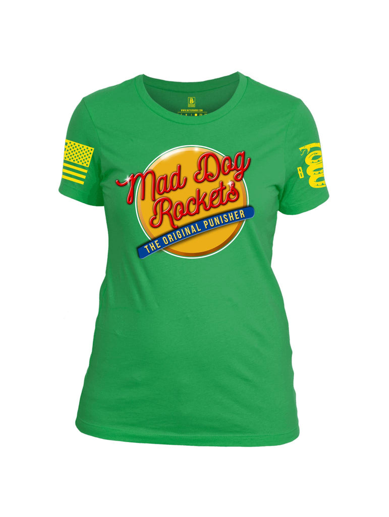 Battleraddle Mad Dog Rockets The Original Expounder Yellow Sleeve Print Womens Cotton Crew Neck T Shirt