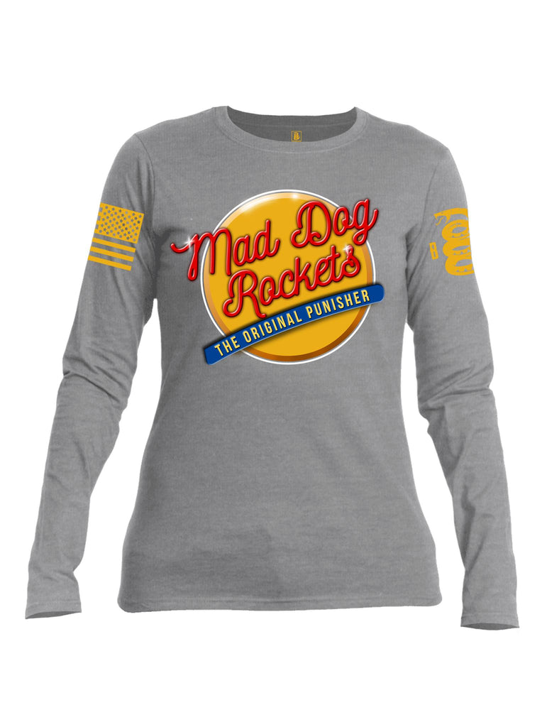Battleradde Mad Dog Rockets The Original Punisher Yellow Sleeve Print Womens Cotton Crew Neck Long Sleeve T Shirt - Battleraddle® LLC