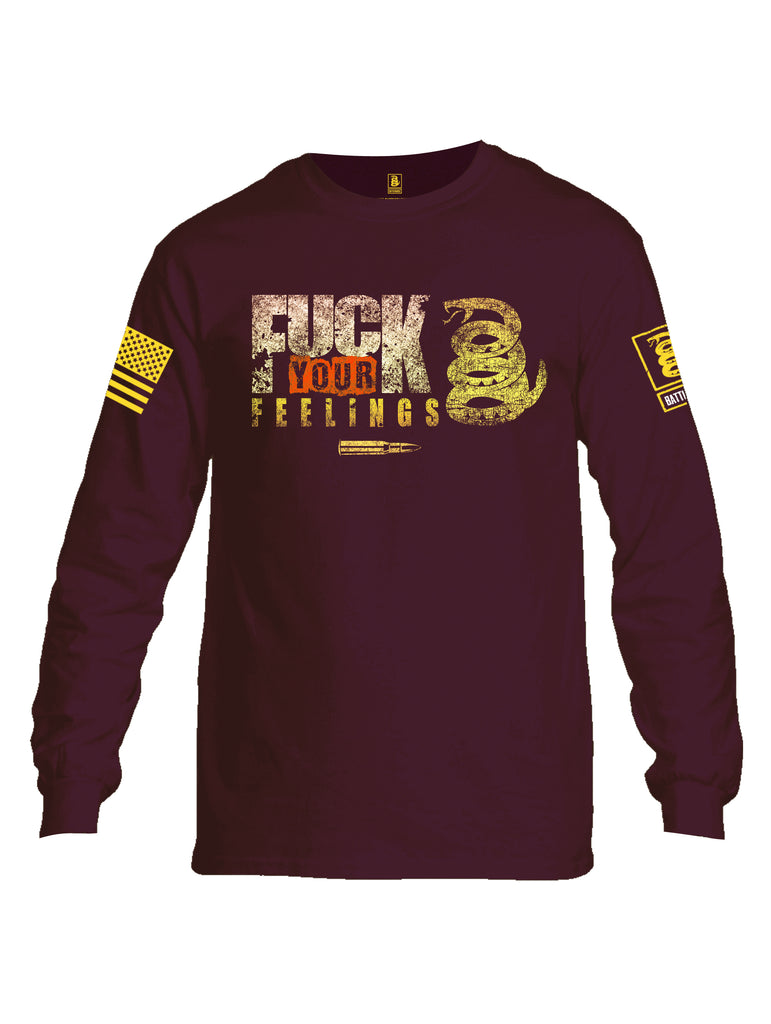 Battleraddle Fuck Your Feelings Yellow Sleeve Print Mens Cotton Long Sleeve Crew Neck T Shirt