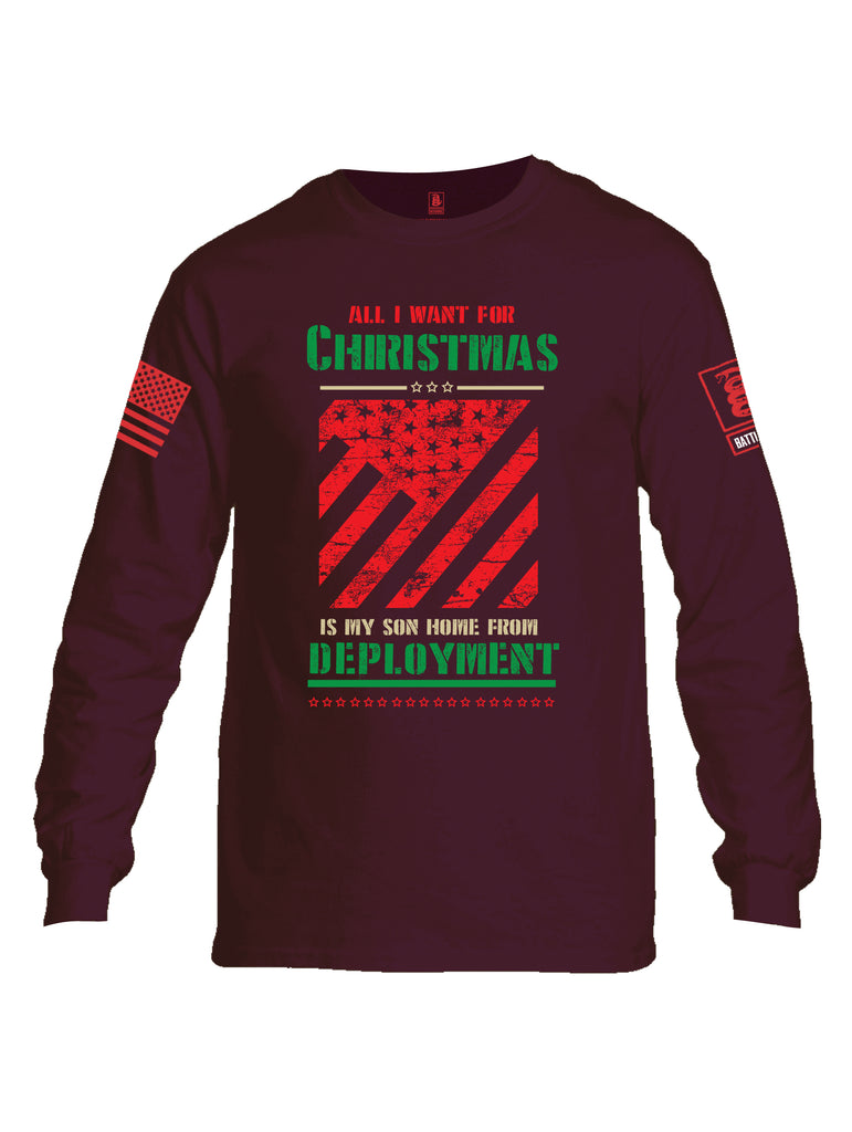 Battleraddle All I Want For Christmas Is My Son Home From Deployment Red Sleeve Print Mens Cotton Long Sleeve Crew Neck T Shirt
