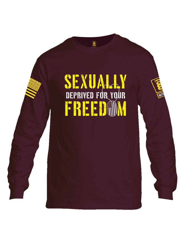 Battleraddle Sexually Deprived For Your Freedom Yellow Sleeve Print Mens Cotton Long Sleeve Crew Neck T Shirt