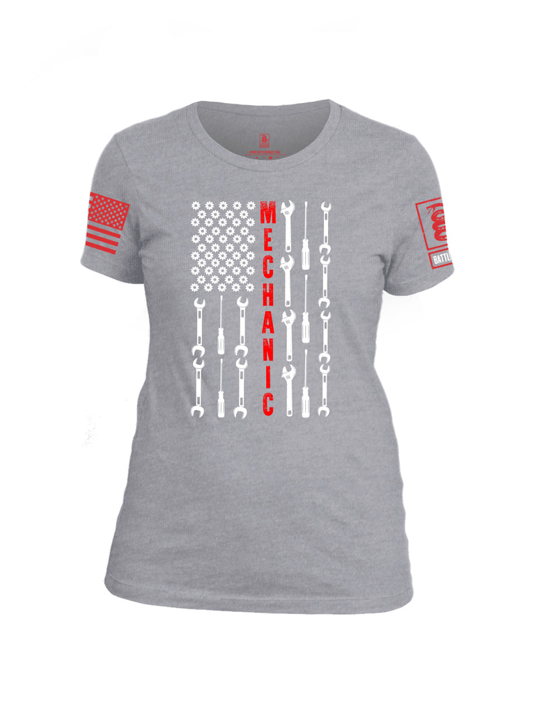 Battleraddle Mechanic Flag Red Sleeve Print Womens Cotton Crew Neck T Shirt