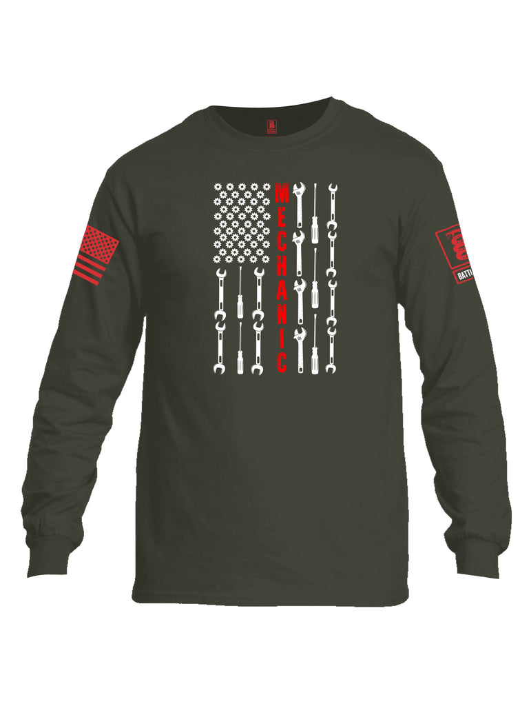 Battleraddle Mechanic Flag Red Sleeve Print Mens Cotton Long Sleeve Crew Neck T Shirt