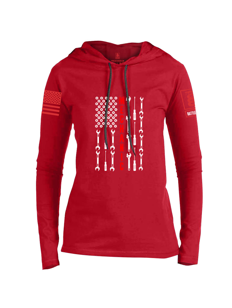 Battleraddle Mechanic Flag Red Sleeve Print Womens Thin Cotton Lightweight Hoodie