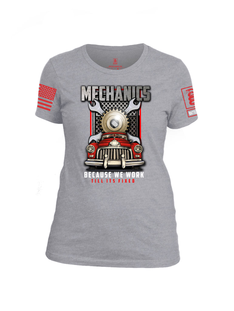 Battleraddle Mechanics Because We Work Till Its Fixed Red Sleeve Print Womens Cotton Crew Neck T Shirt