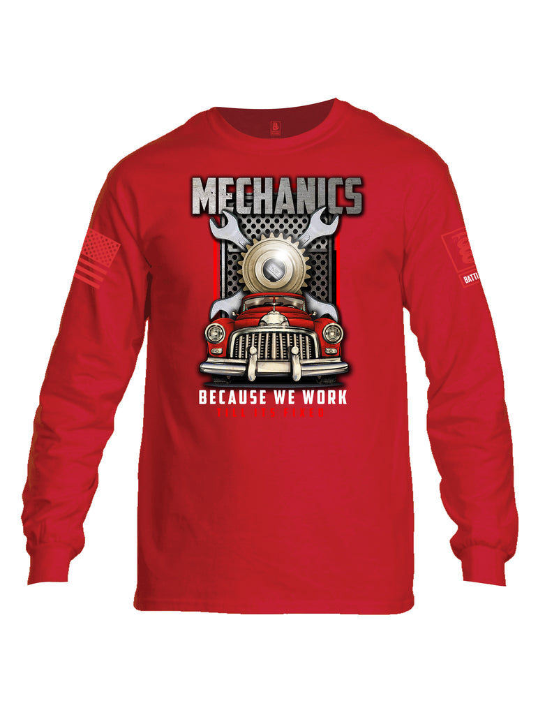 Battleraddle Mechanics Because We Work Till Its Fixed Red Sleeve Print Mens Cotton Long Sleeve Crew Neck T Shirt