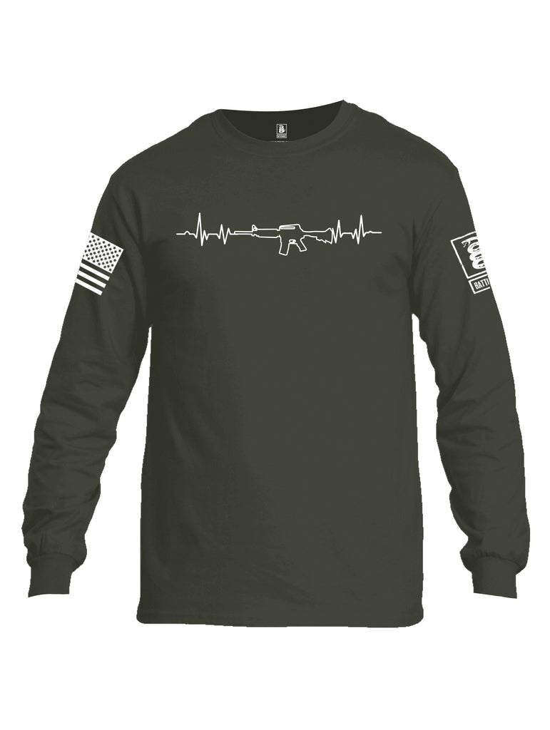 Battleraddle AR15 Heartbeat White Sleeve Print Mens Cotton Long Sleeve Crew Neck T Shirt
