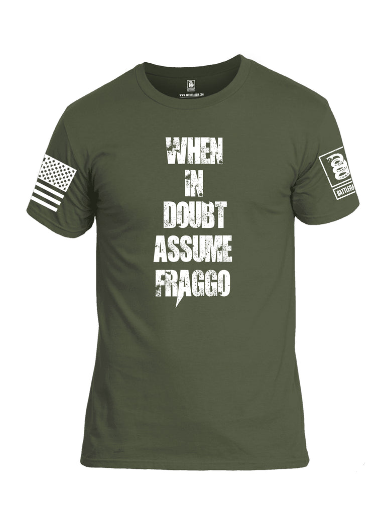 Battleraddle When In Doubt Assume Fraggo White Sleeve Print Mens Cotton Crew Neck T Shirt