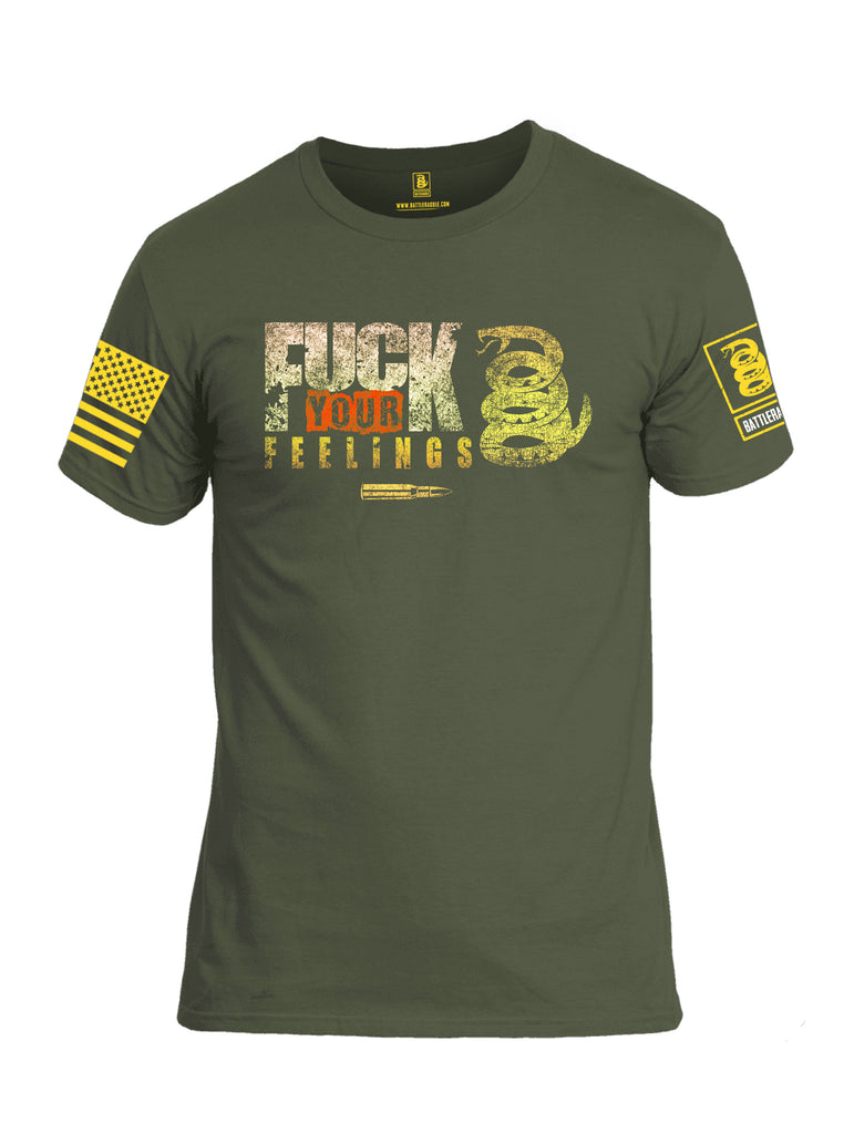 Battleraddle Fuck Your Feelings Yellow Sleeve Print Mens Cotton Crew Neck T Shirt