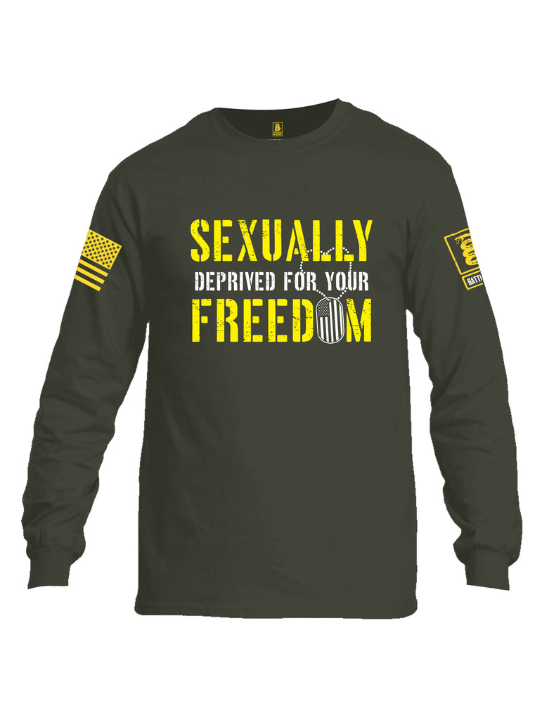 Battleraddle Sexually Deprived For Your Freedom Yellow Sleeve Print Mens Cotton Long Sleeve Crew Neck T Shirt