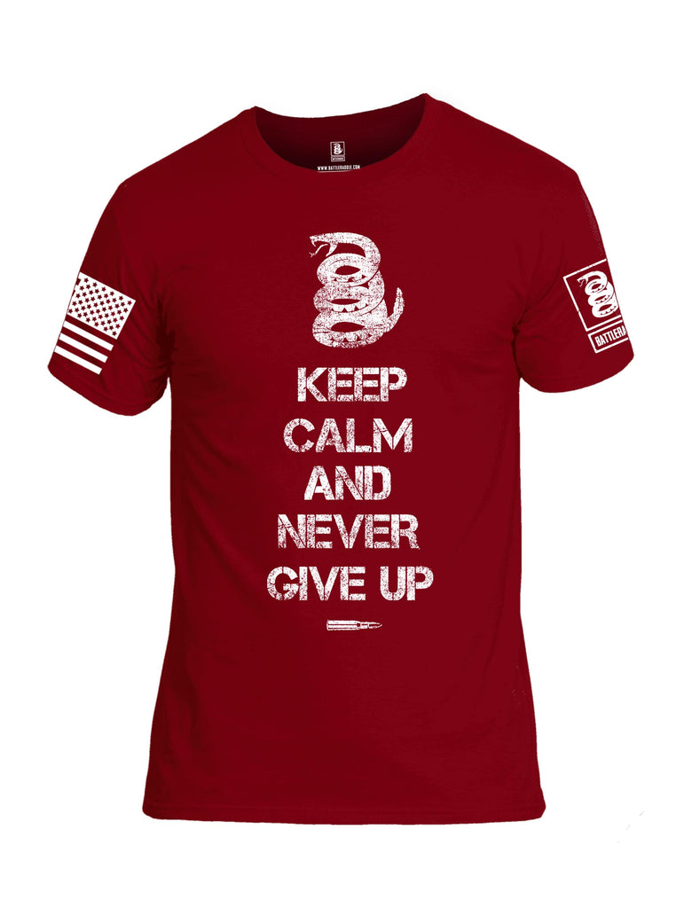 Battleraddle Keep Calm And Never Give Up White Sleeve Print Mens Cotton Crew Neck T Shirt
