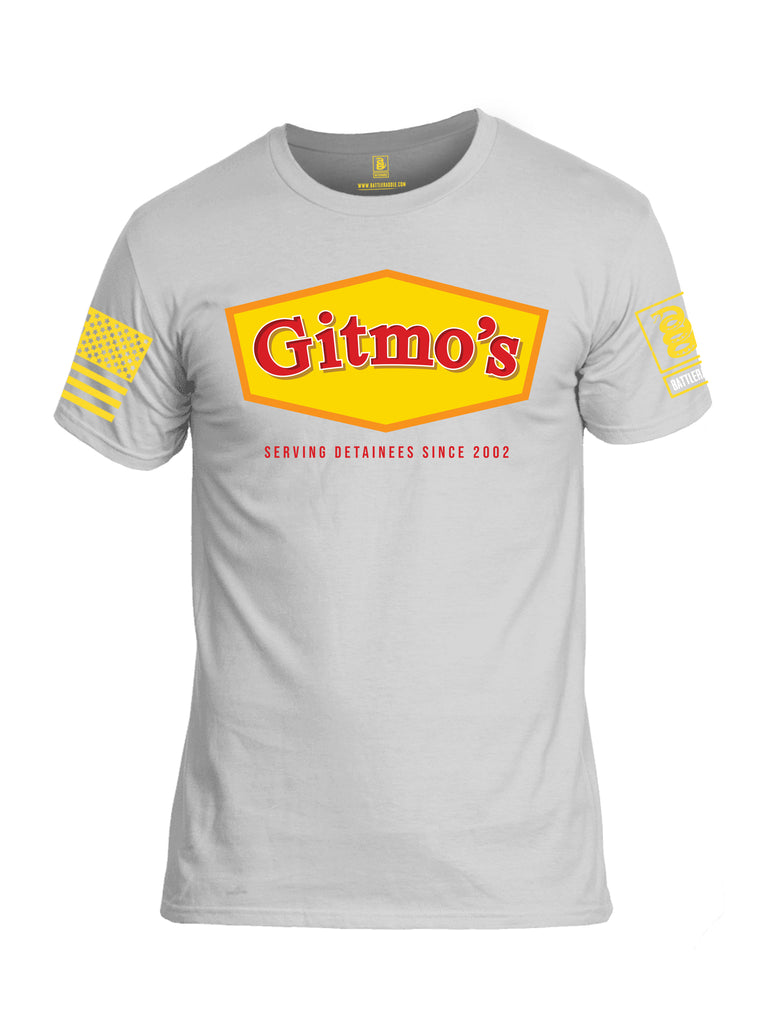 Battleraddle Gitmos Serving Detainees Since 2002 Yellow Sleeve Print Mens Cotton Crew Neck T Shirt