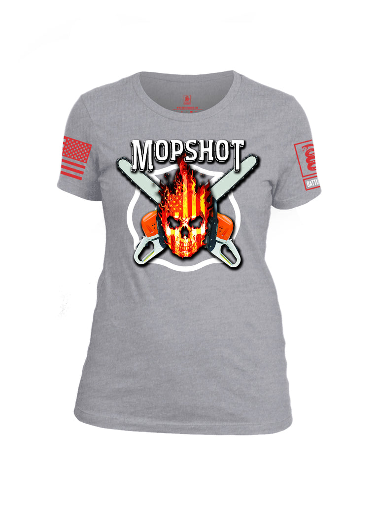 Battleraddle Mopshot Cross Chain Saw USA Flag Firefighter Thin Red Line Flame Skull Red Sleeve Print Womens Cotton Crew Neck T Shirt