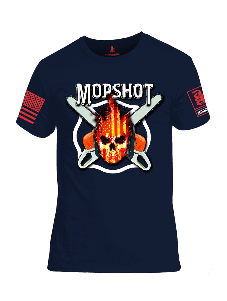 Battleraddle Mopshot Cross Chain Saw USA Flag Firefighter Thin Red Line Flame Skull Red Sleeve Print Mens Cotton Crew Neck T Shirt