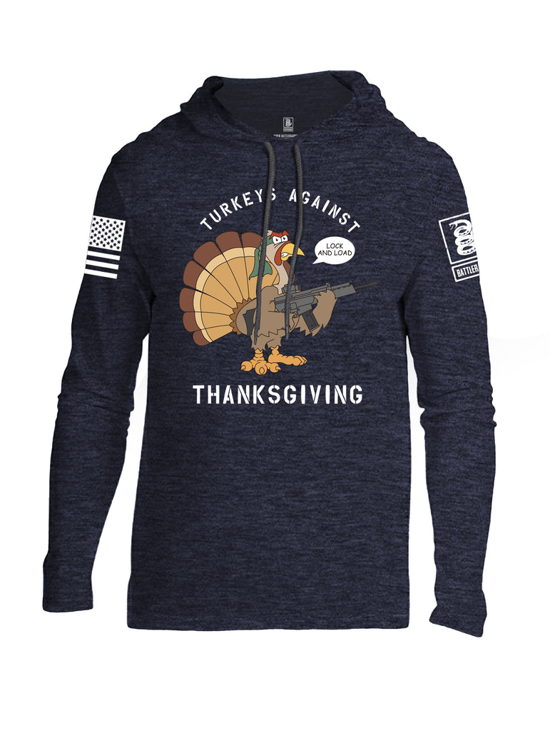 Battleraddle Turkeys Against Thanksgiving Lock And Load White Sleeve Print Mens Thin Cotton Lightweight Hoodie