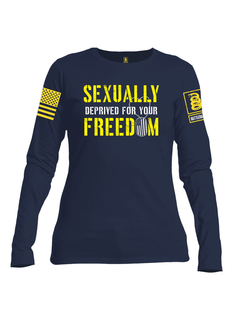 Battleraddle Sexually Deprived For Your Freedom Yellow Sleeve Print Womens Cotton Long Sleeve Crew Neck T Shirt