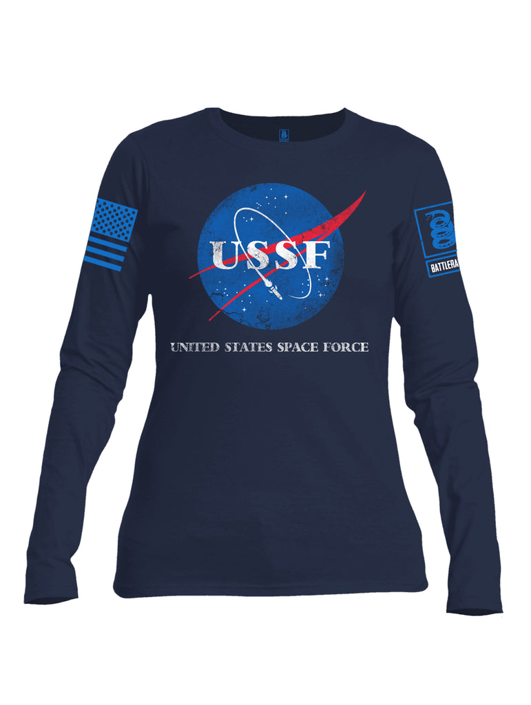Battleraddle United States Space Force Blue Sleeve Print Womens Cotton Long Sleeve Crew Neck T Shirt