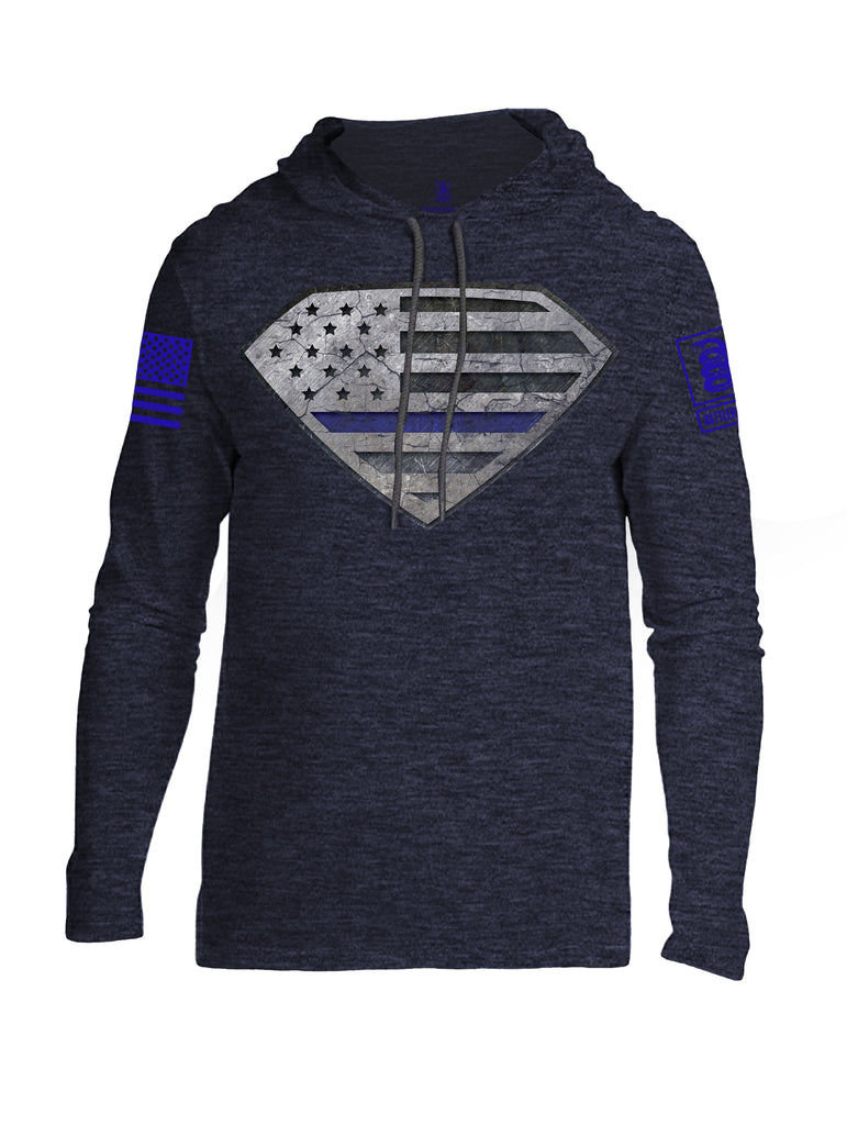 Battleraddle Super USA Flag Blue Line vs Bat Police Hero Blue Line USA Flag Blue Sleeve Print Mens Thin Cotton Lightweight Hoodie