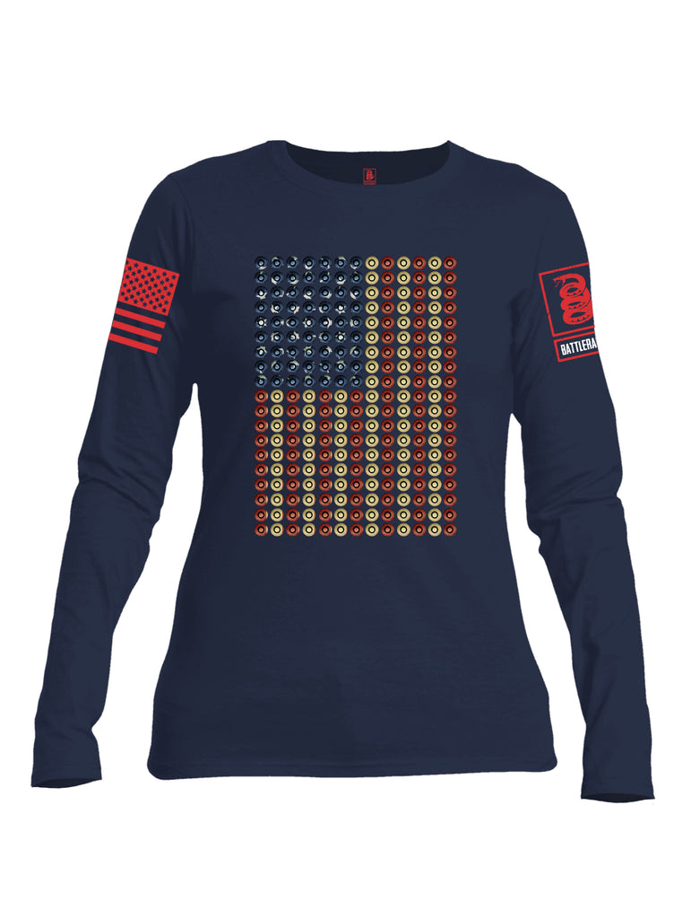 Battleraddle Bullet Casing USA Flag Red Sleeve Print Womens Cotton Long Sleeve Crew Neck T Shirt