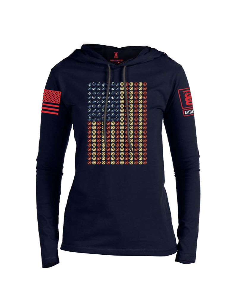 Battleraddle Bullet Casing USA Flag Red Sleeve Print Womens Thin Cotton Lightweight Hoodie