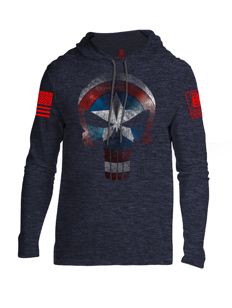 Battleraddle Captain Punisher America Shield Skull V2 Red Sleeve Print Mens Thin Cotton Lightweight Hoodie - Battleraddle® LLC