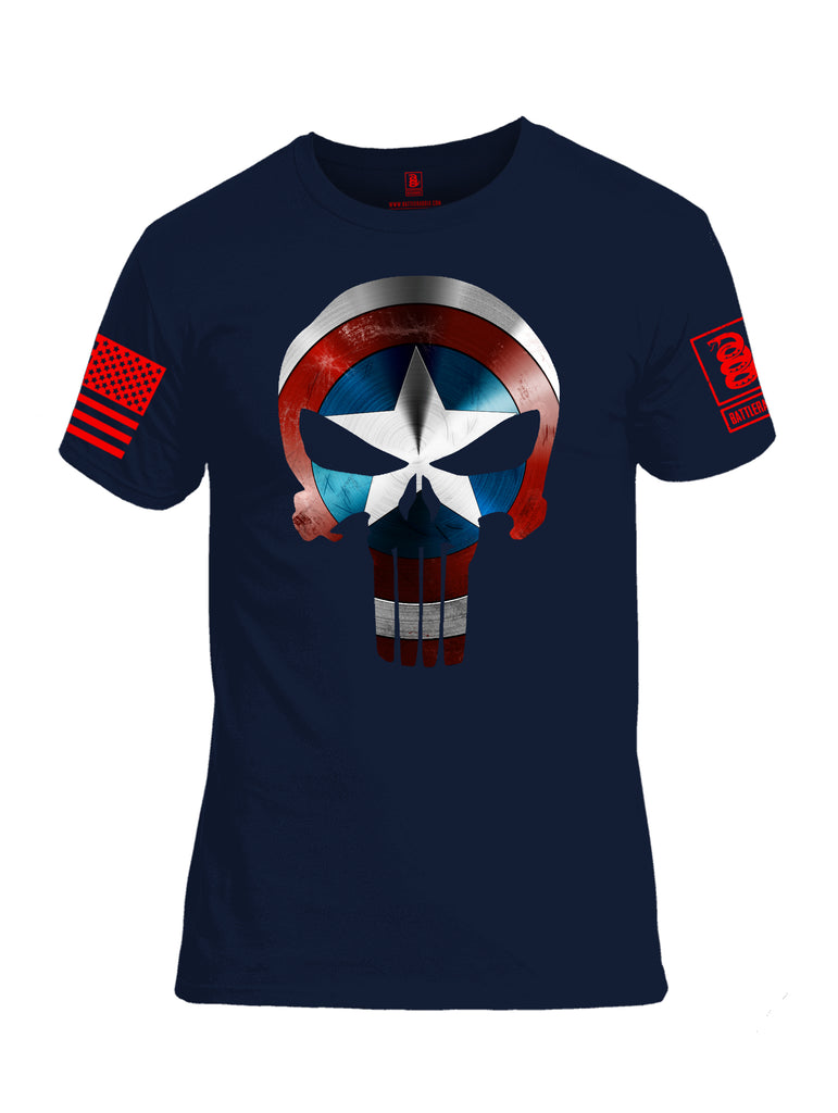 Battleraddle Captain Punisher America Shield Skull V1 Red Sleeve Print Mens Cotton Crew Neck T Shirt - Battleraddle® LLC