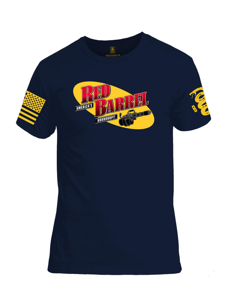 Battleraddle America's Red Barrel BRRRRRRP!! Yellow Sleeve Print Mens Cotton Crew Neck T Shirt - Battleraddle® LLC