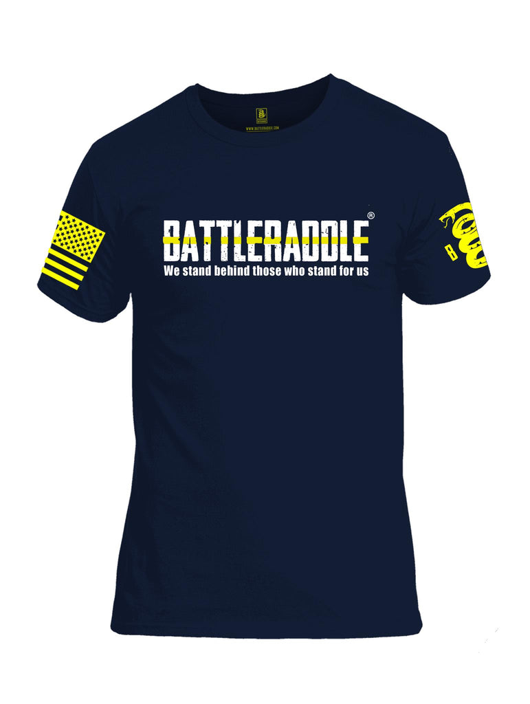 Battleraddle We Stand Behind Those Who Stand For Us Yellow Line Yellow Sleeve Print Mens Cotton Crew Neck T Shirt