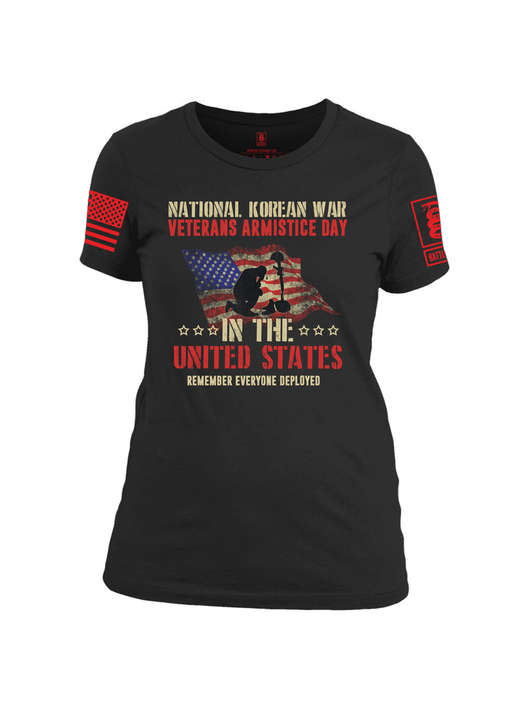 Battleraddle National Korean War Veterans Armistice Day In The United States Remember Everyone Deployed Red Sleeve Print Womens Cotton Crew Neck T Shirt